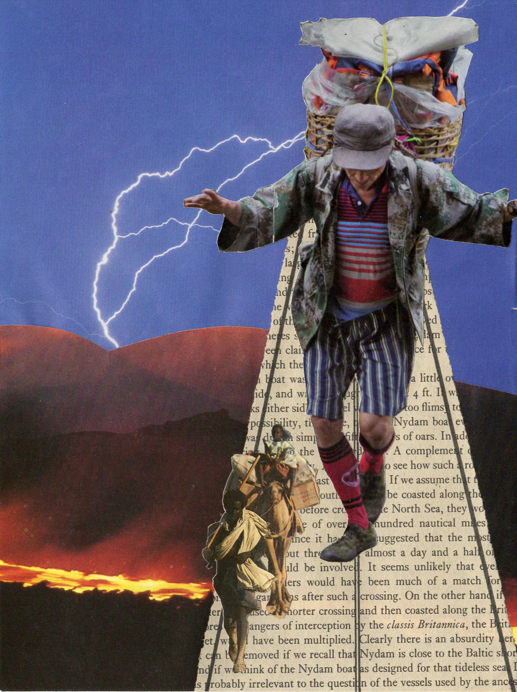 A collage of a man with a large load on his back, walking with a stick, and a small figure riding a donkey, set against a stormy sky with lightning and mountains, with torn paper and text elements in the background.