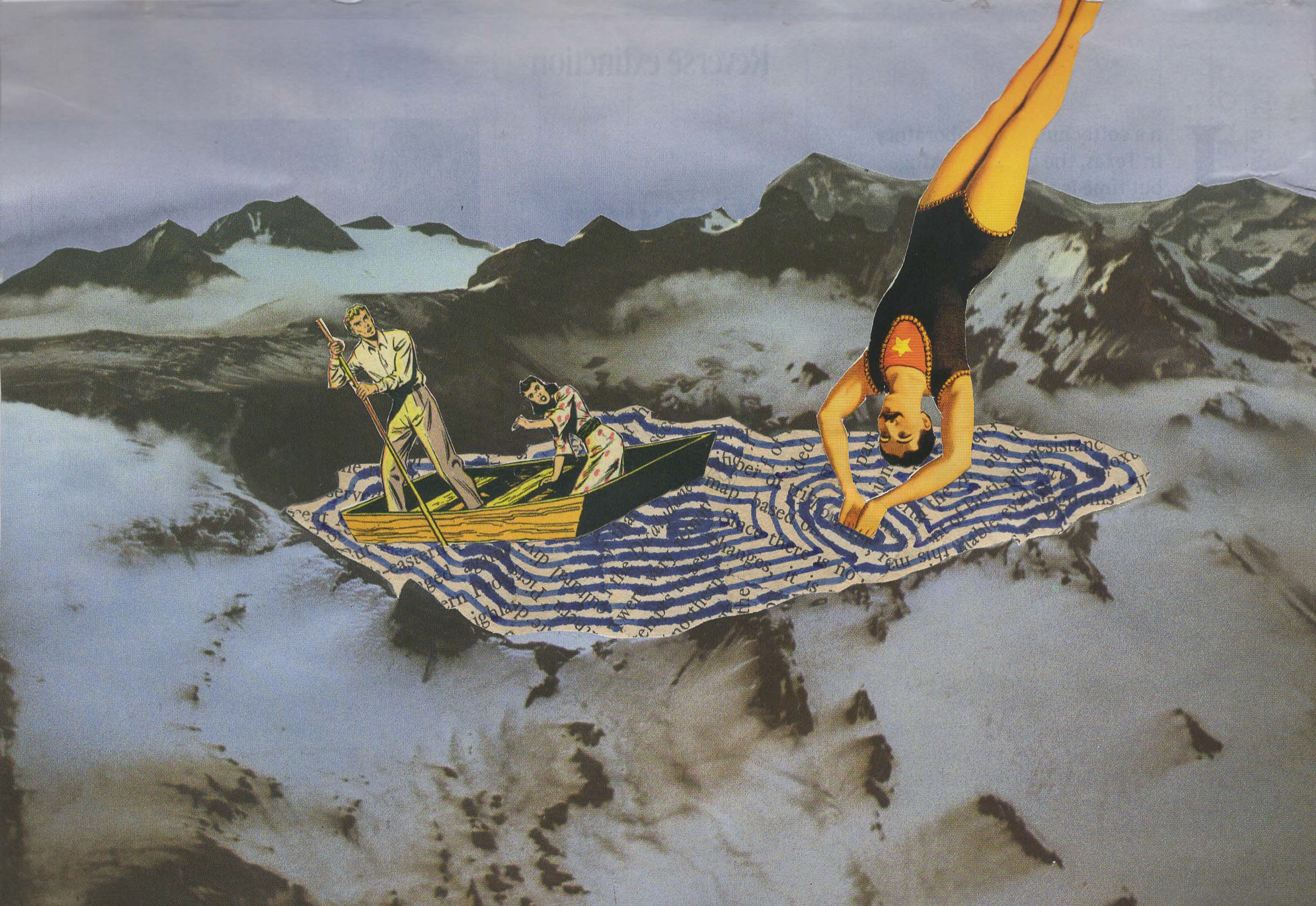 Mixed media artwork depicting a woman doing a handstand on a patterned cloth in a mountain landscape, with a cartoon-style boat and two characters rowing, one holding a paddle and the other reaching out.