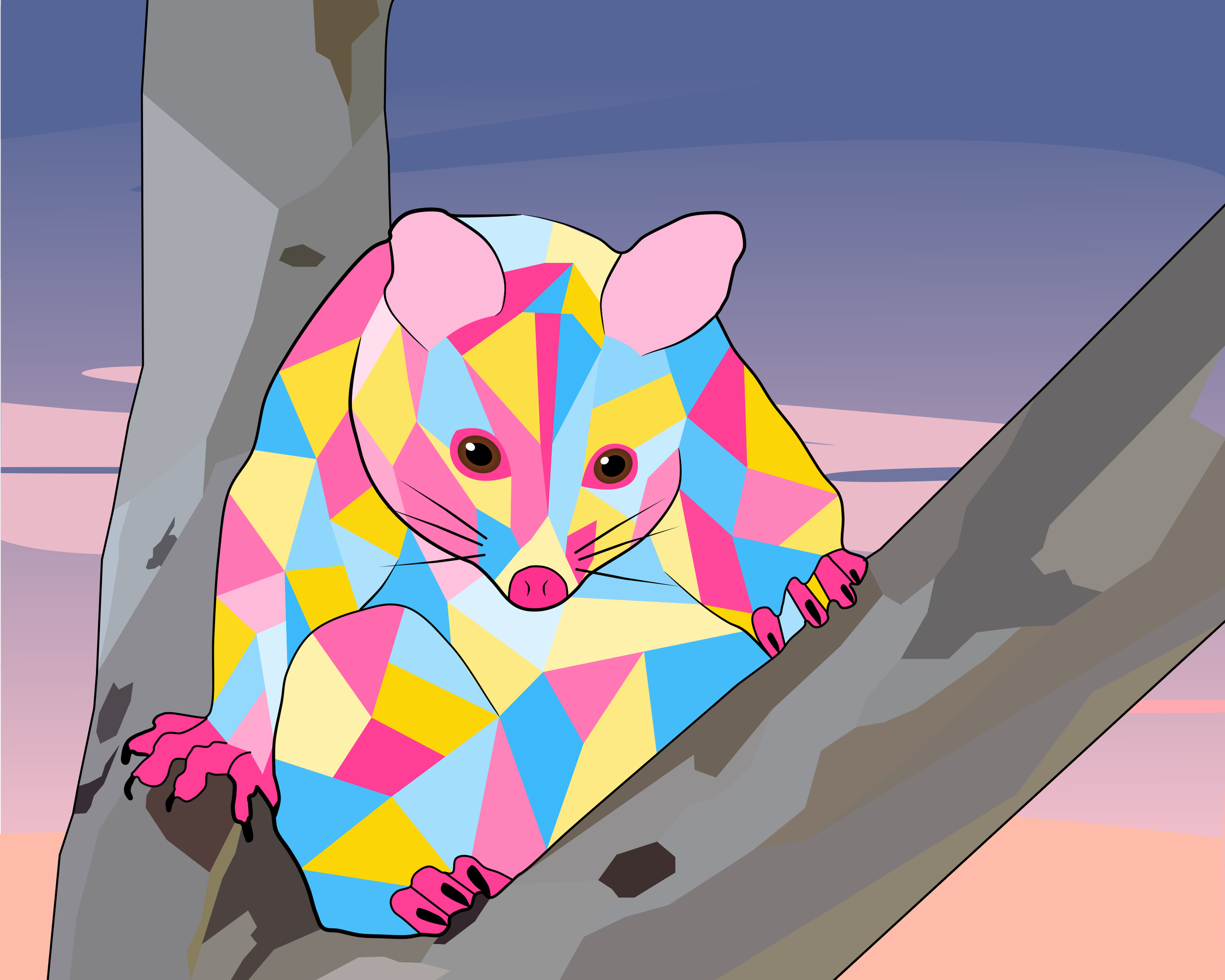 Colorful geometric-patterned rodent perched on a tree branch at sunset.