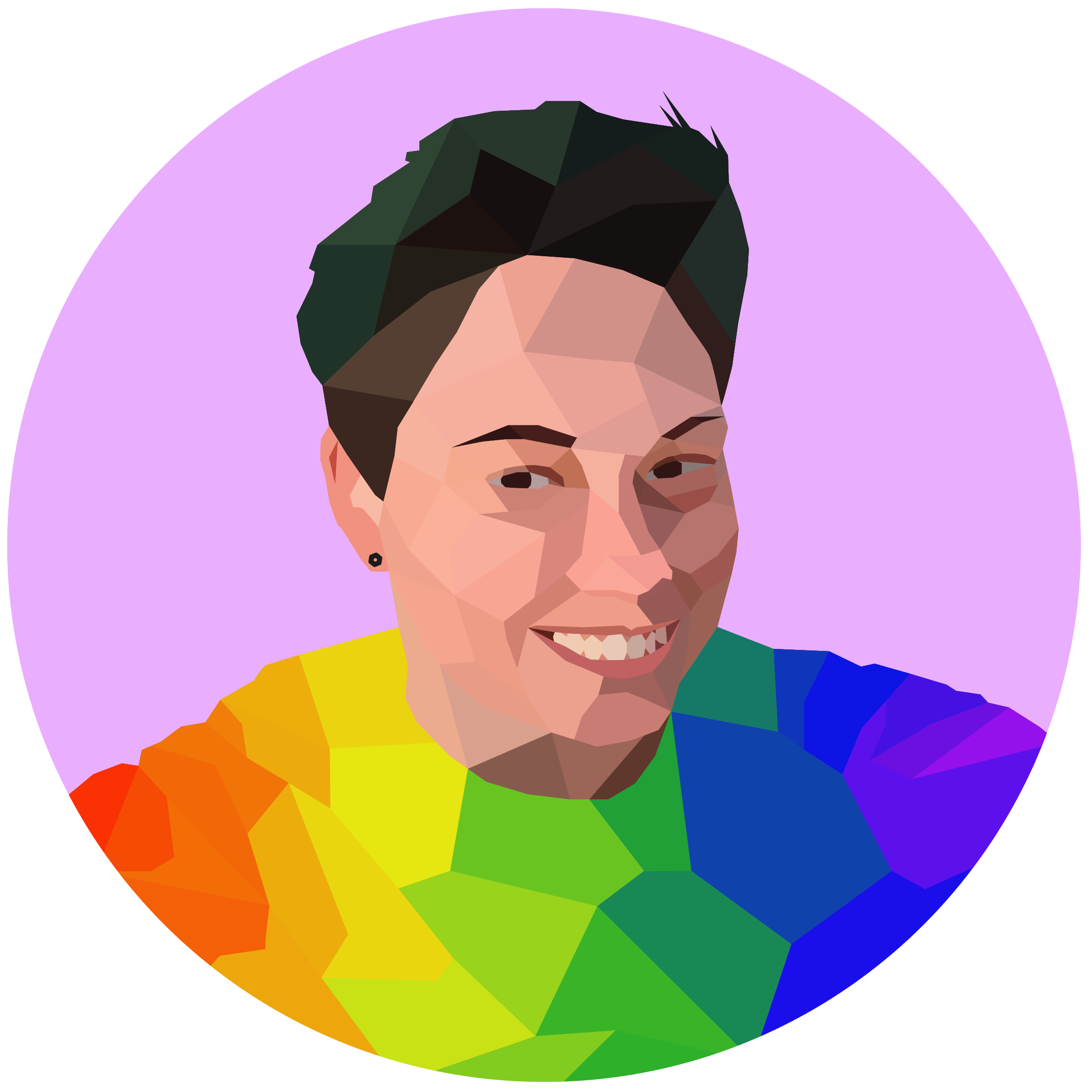 Low-poly digital portrait of a person with short dark hair, wearing a rainbow-colored shirt, smiling against a light purple circular background.