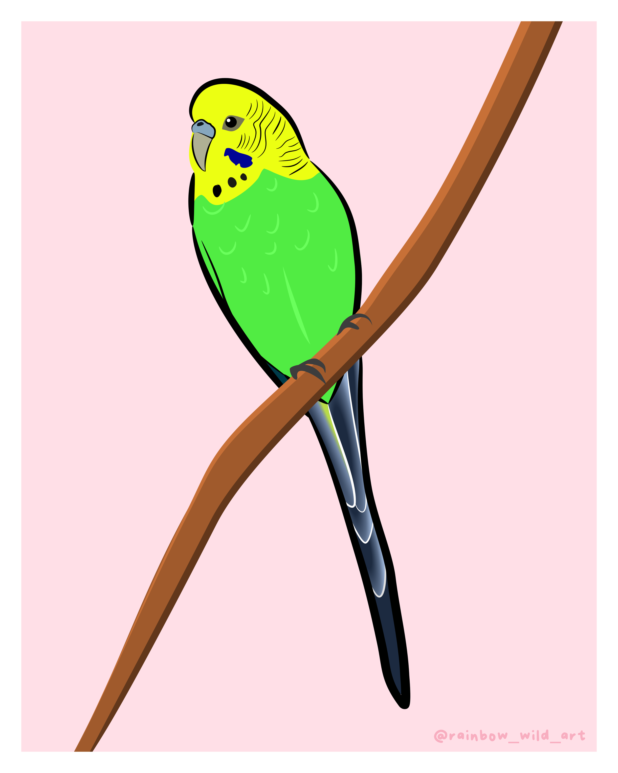 Digital illustration of a green and yellow budgerigar perching on a brown branch with a pink background.