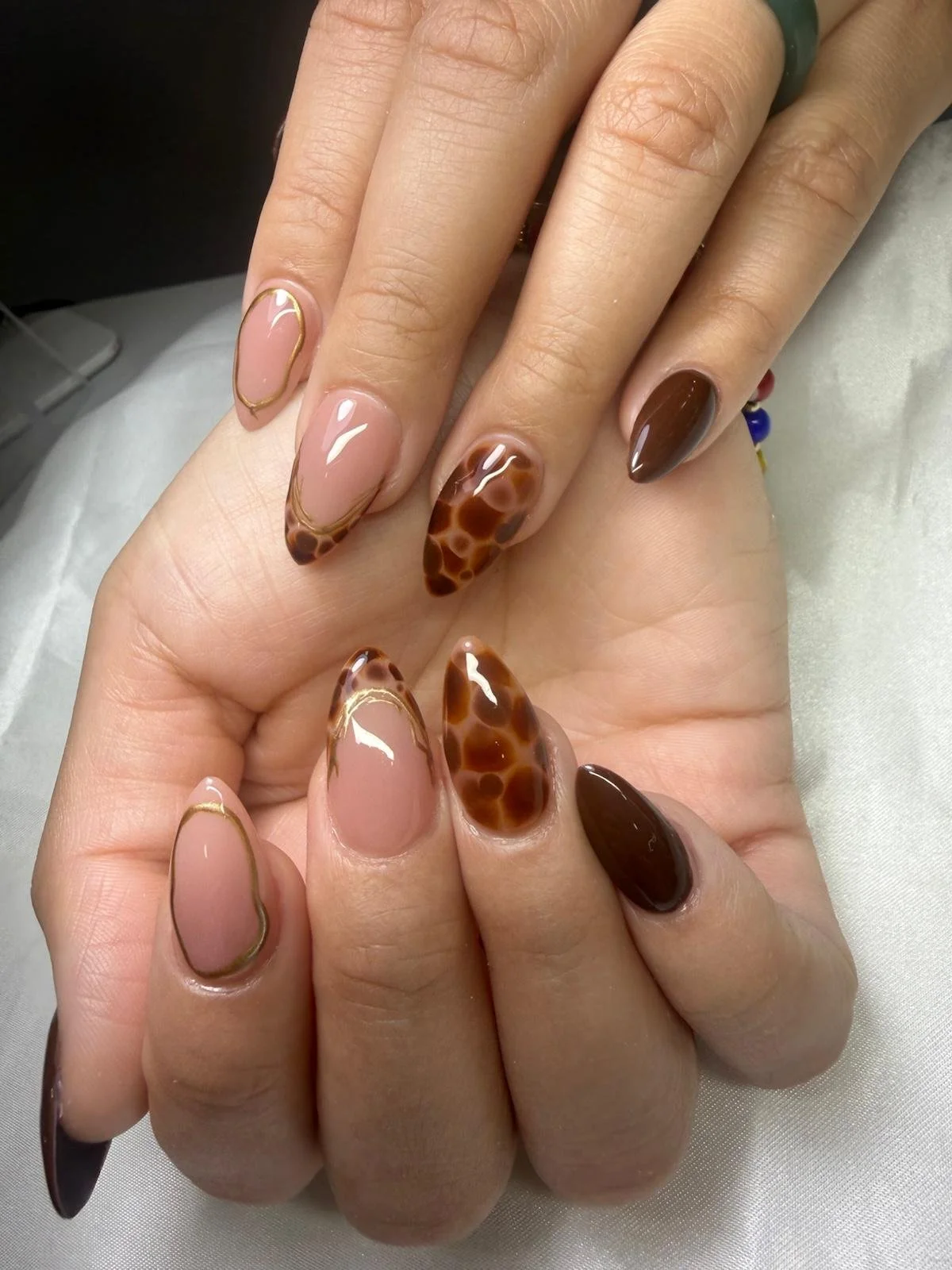 Close-up of a woman's hands with manicured nails featuring a mix of solid dark brown, clear with gold accents, and animal print designs.