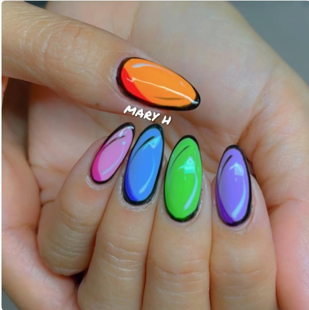 Colorful, oval-shaped nails with black borders on a hand, featuring pink, blue, green, purple, and orange designs, with the name 'Mary H' written in white text.