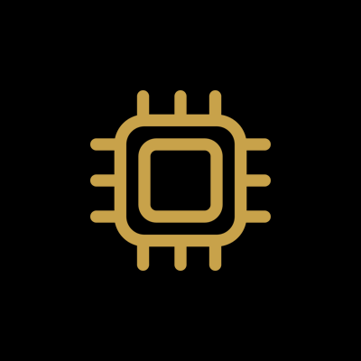 Gold-colored microchip icon on a black background.