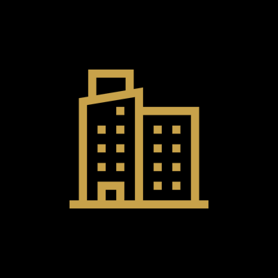 Golden outline of two buildings on a black background.