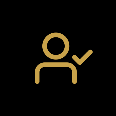 Icon of a person with a checkmark, indicating verification or approval, in gold on a black background.