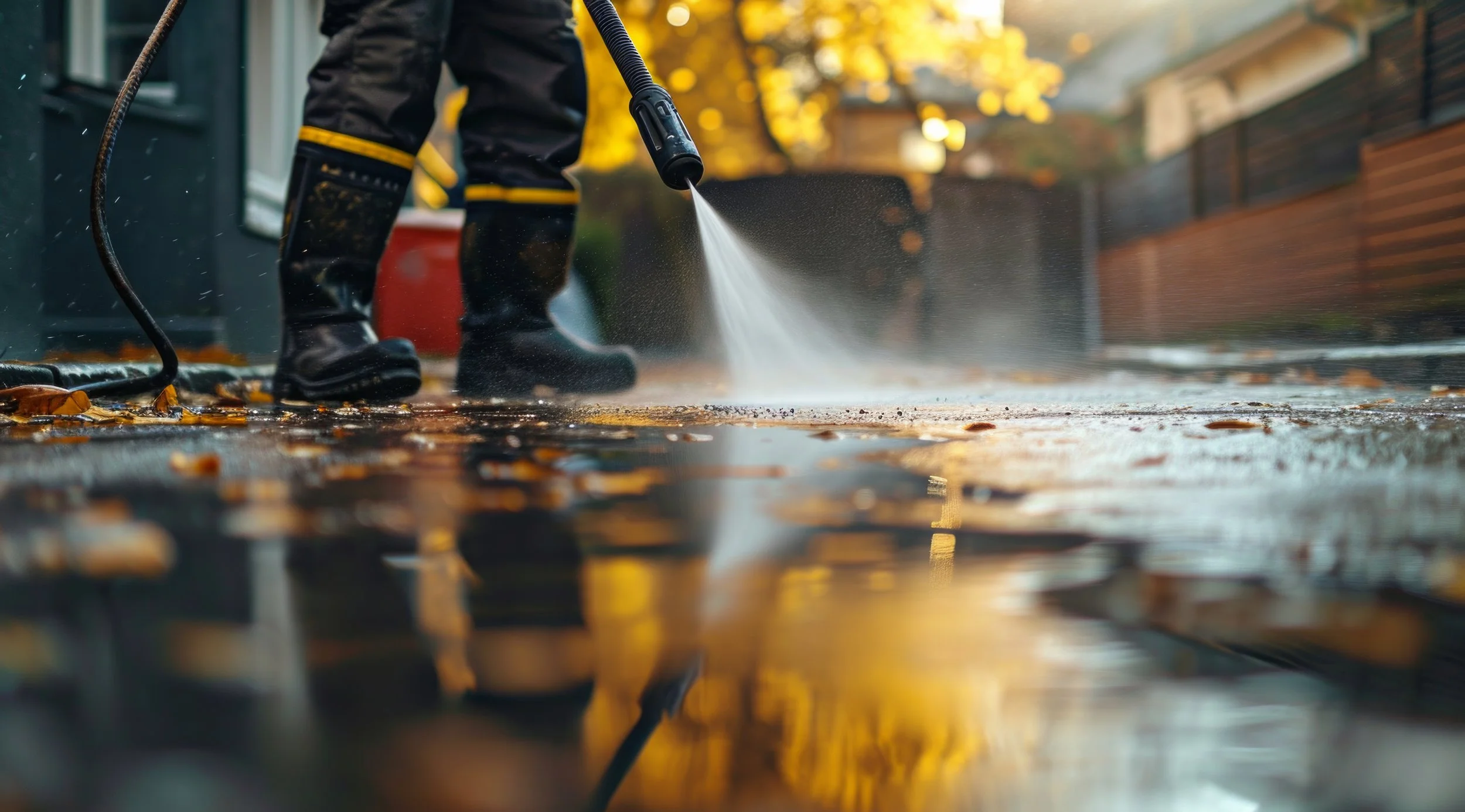 A person wearing waterproof boots using a pressure washer to clean a wet outdoor surface surrounded by fallen leaves.
