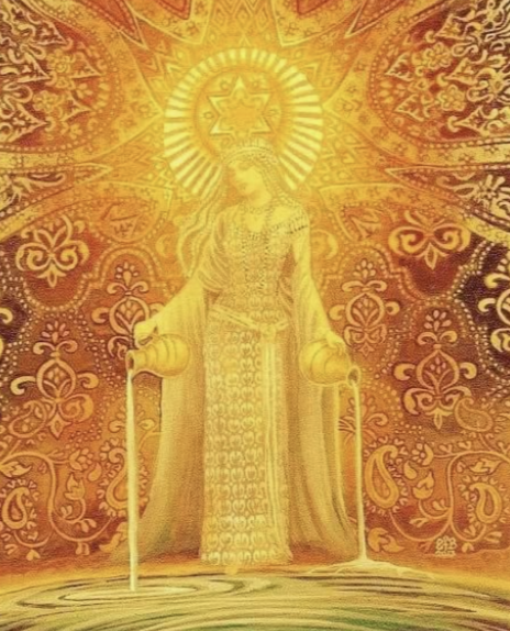 A religious or spiritual artwork of a woman with a halo, holding a staff in each hand, surrounded by intricate gold and orange patterns.