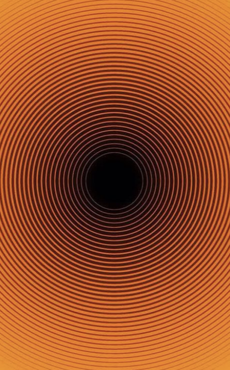 Optical illusion with concentric orange and black rings radiating from a black center.