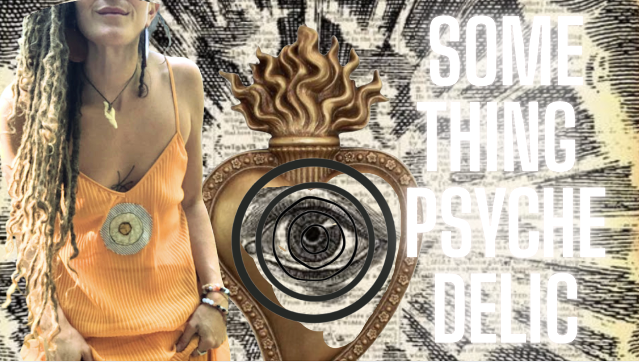 Image of a woman with dreadlocks wearing an orange dress and jewelry, standing next to a decorative bass quiet. Overlay text reads 'Some Thing Psyche Delic'.