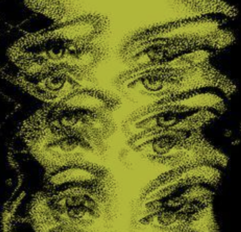 Multiple overlapping eyes and eyebrows in a distorted, abstract pattern with a yellow background.