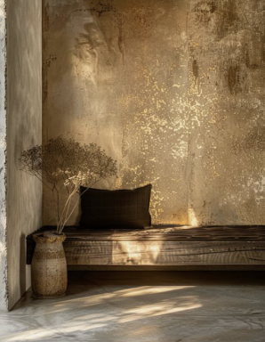 A cozy interior corner with a wooden bench, a dark pillow, a potted plant, and textured gold and brown wall.