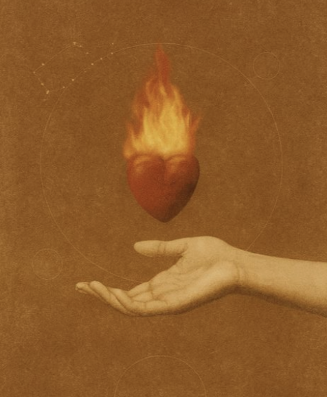 A digitally altered image showing a human hand and forearm, with a fiery red heart floating above the hand. The background is brown, and the heart appears to be on fire.