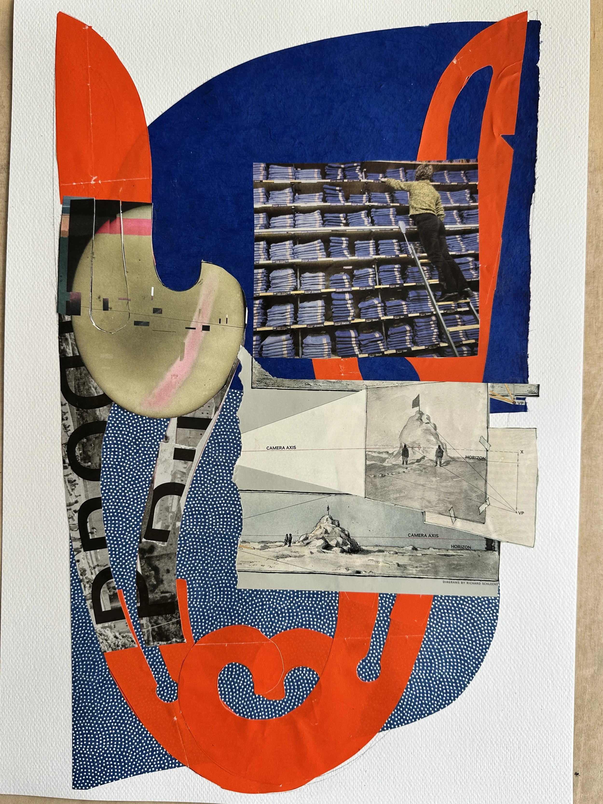  The Cylinder Drop # 7 (After Elizabeth Murray) , 12 x 17 inches, Handcut billboard, book and wrapping papers on watercolor substrate, 2025
