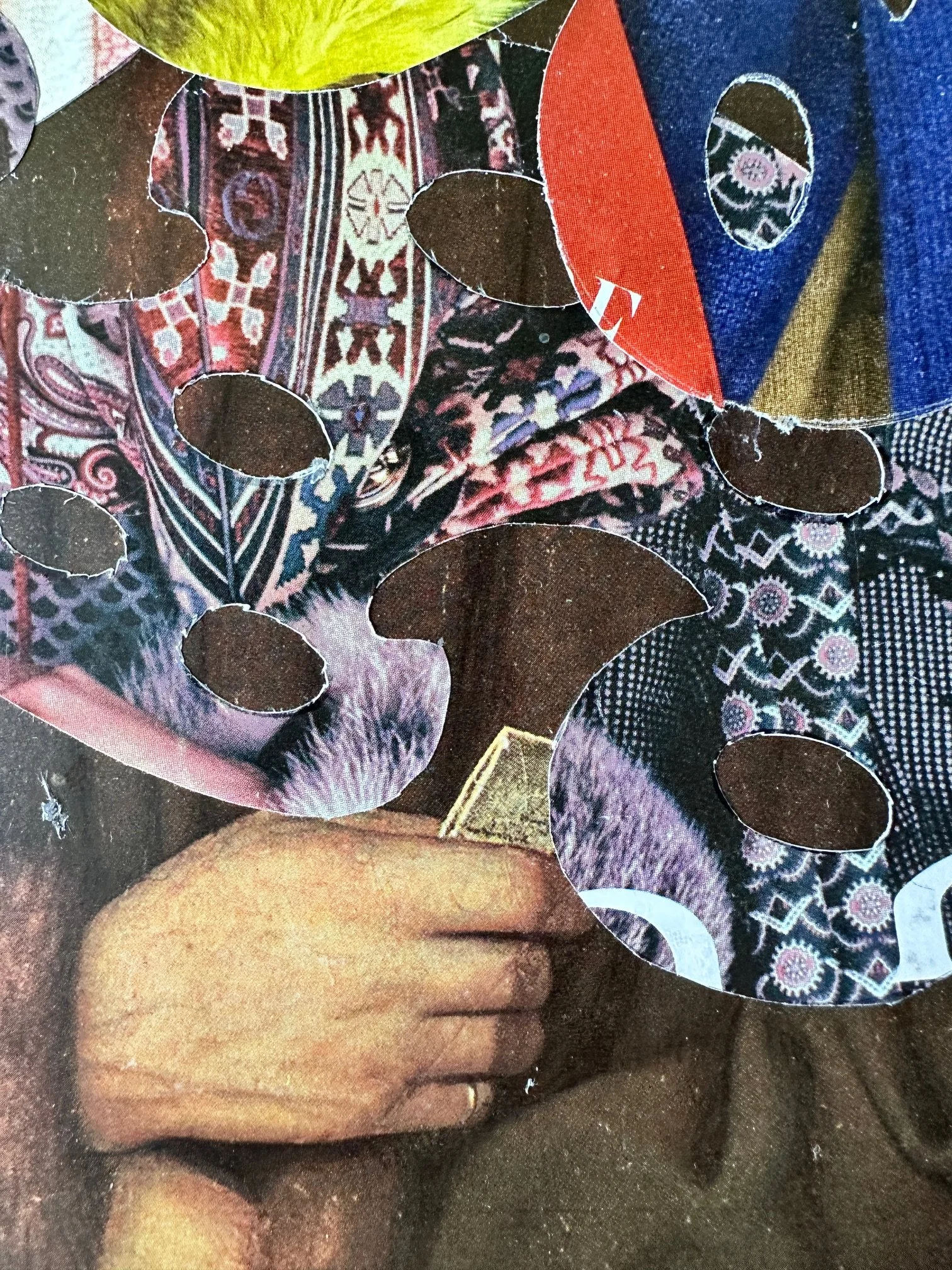   Detail of The Textile Merchant (Van Eyk’s portrait of Giovanni Arnolfini)  2026
11.5 x 15 in.  Cut magazine paper French Curve forms on book plate. 