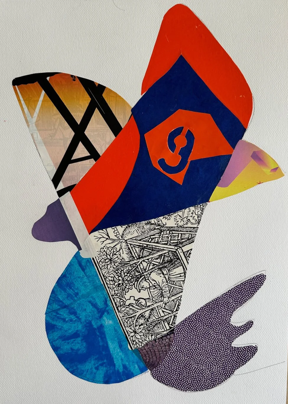  The Cylinder Drop # 5 (After Elizabeth Murray) , 12 x 17 inches, Handcut painted, tissue, book and wrapping papers on watercolor substrate, 2025