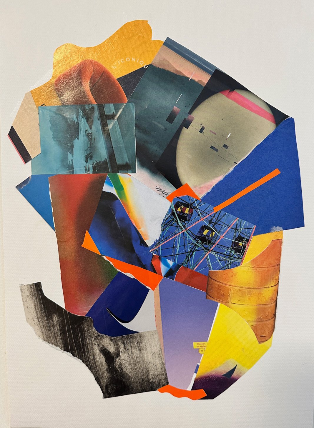  The Cylinder Drop # 2 (After Elizabeth Murray), , 12 x 17 inches, cut magazine and wrapping papers on watercolor substrate, 2025