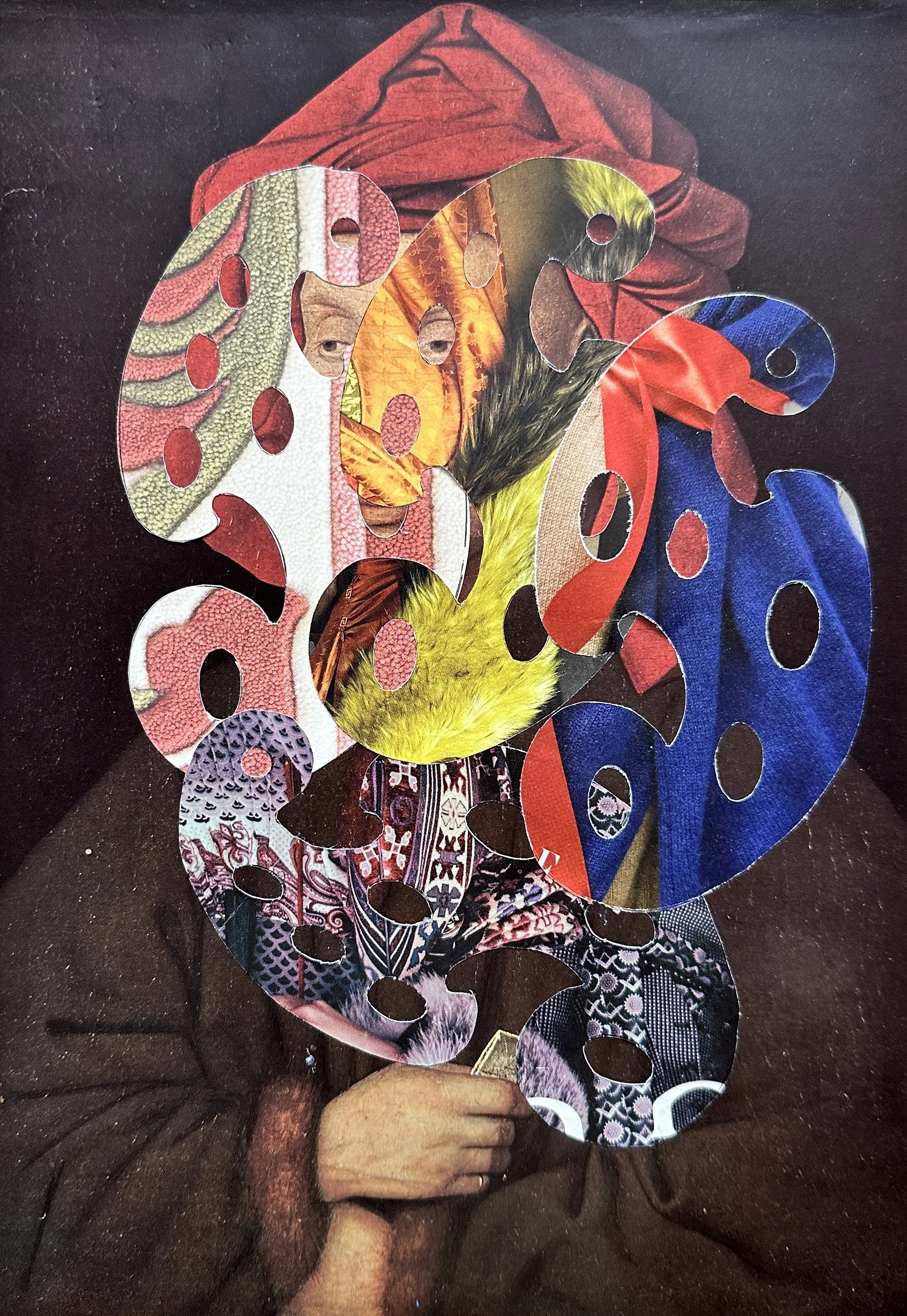  The Textile Merchant (Van Eyk’s portrait of Giovanni Arnolfini)  2026
11.5 x 15 in.  Cut magazine paper French Curve forms on book plate. 