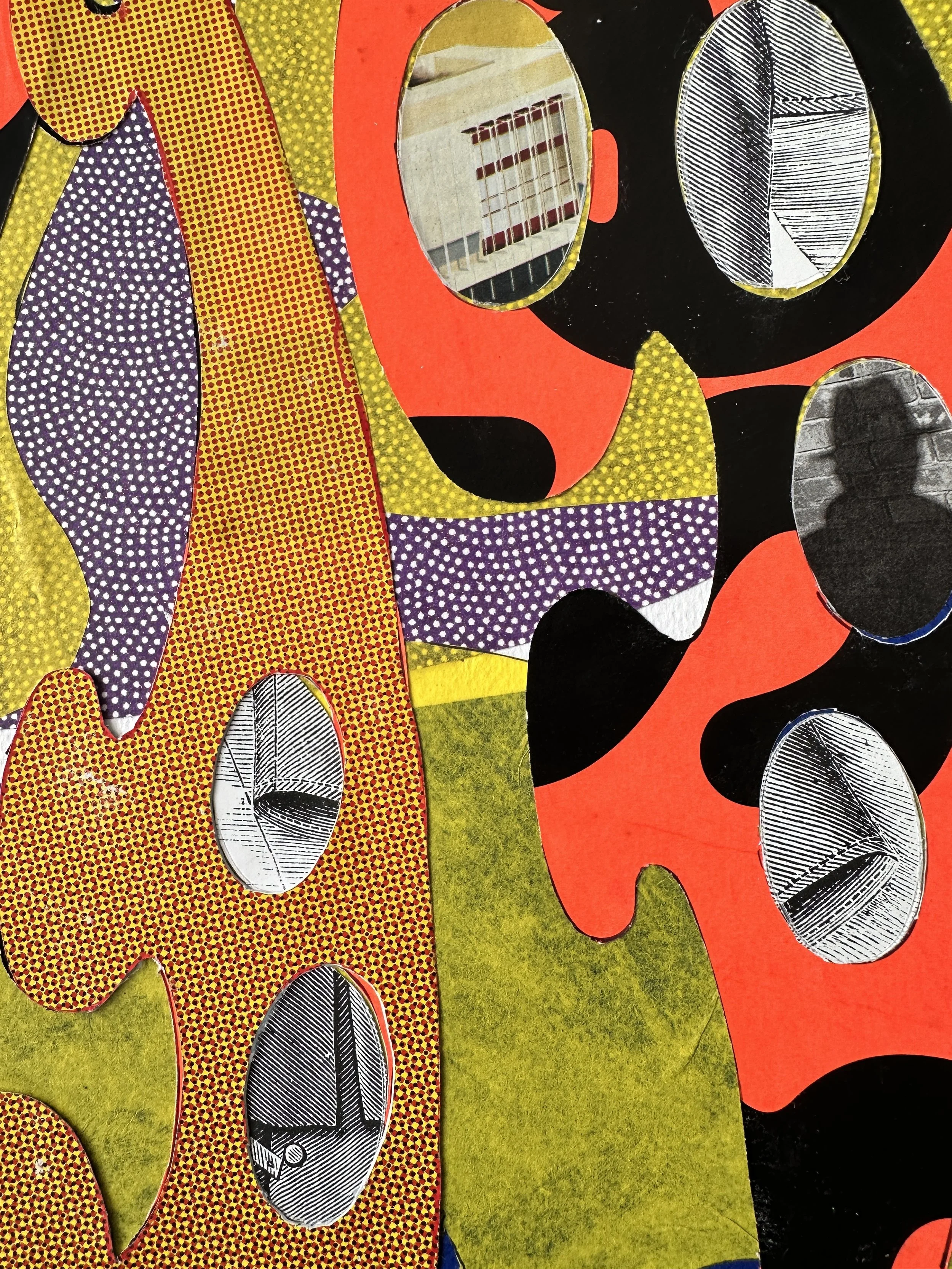  The Cylinder Drop # 9 Detail (After Elizabeth Murray) , 12 x 17 inches, Handcut billboard, tissue and wrapping papers on watercolor substrate, 2025