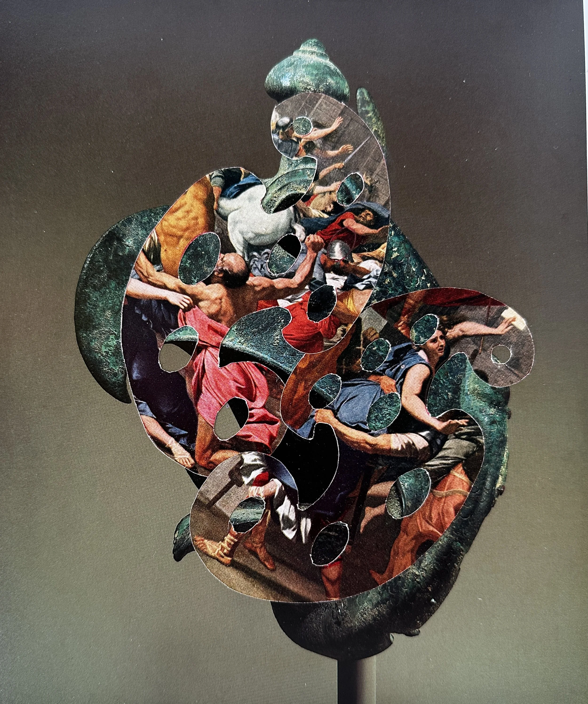   Rape & Pillage , 9 x 12 inches. Handcut museum catalogue page on Art History book page, 2025.