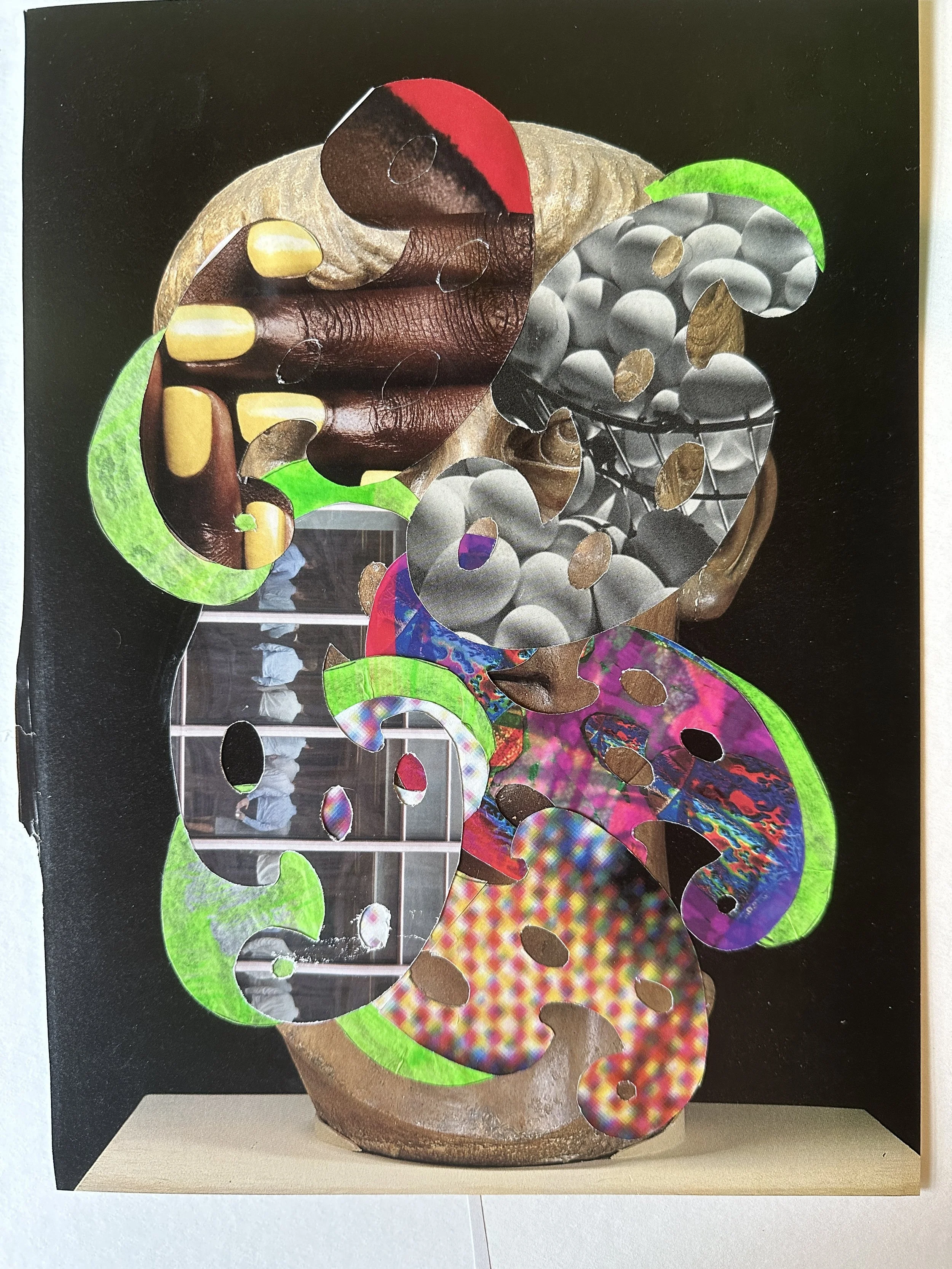  Body/Building (Constantine) , 9 x 12, Handcut found and painted papers on museum catalogue page, 2024.  