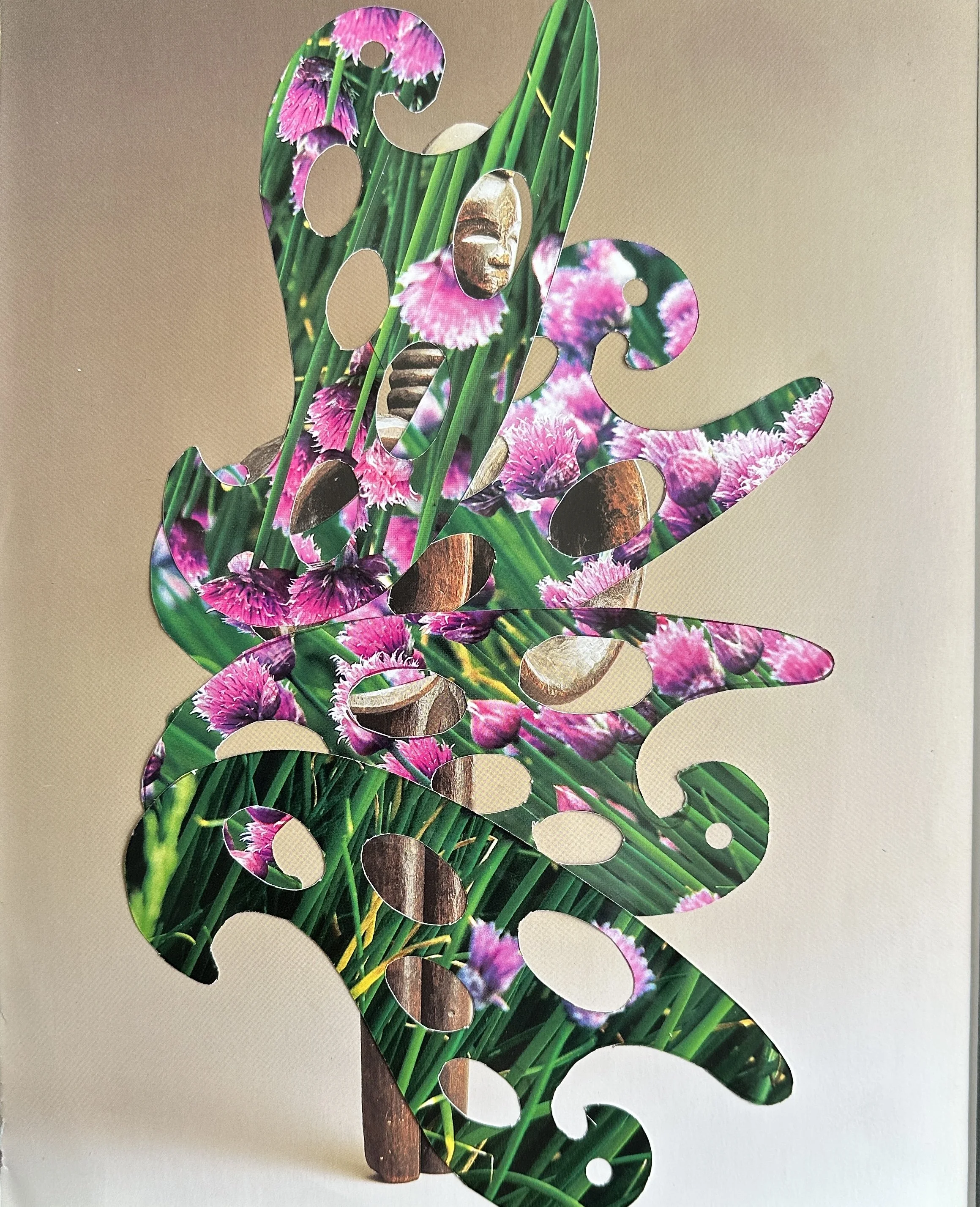  Chive Blossoms x Statue , 9 x 12 inches, Handcut book page on Art History book page, 2025