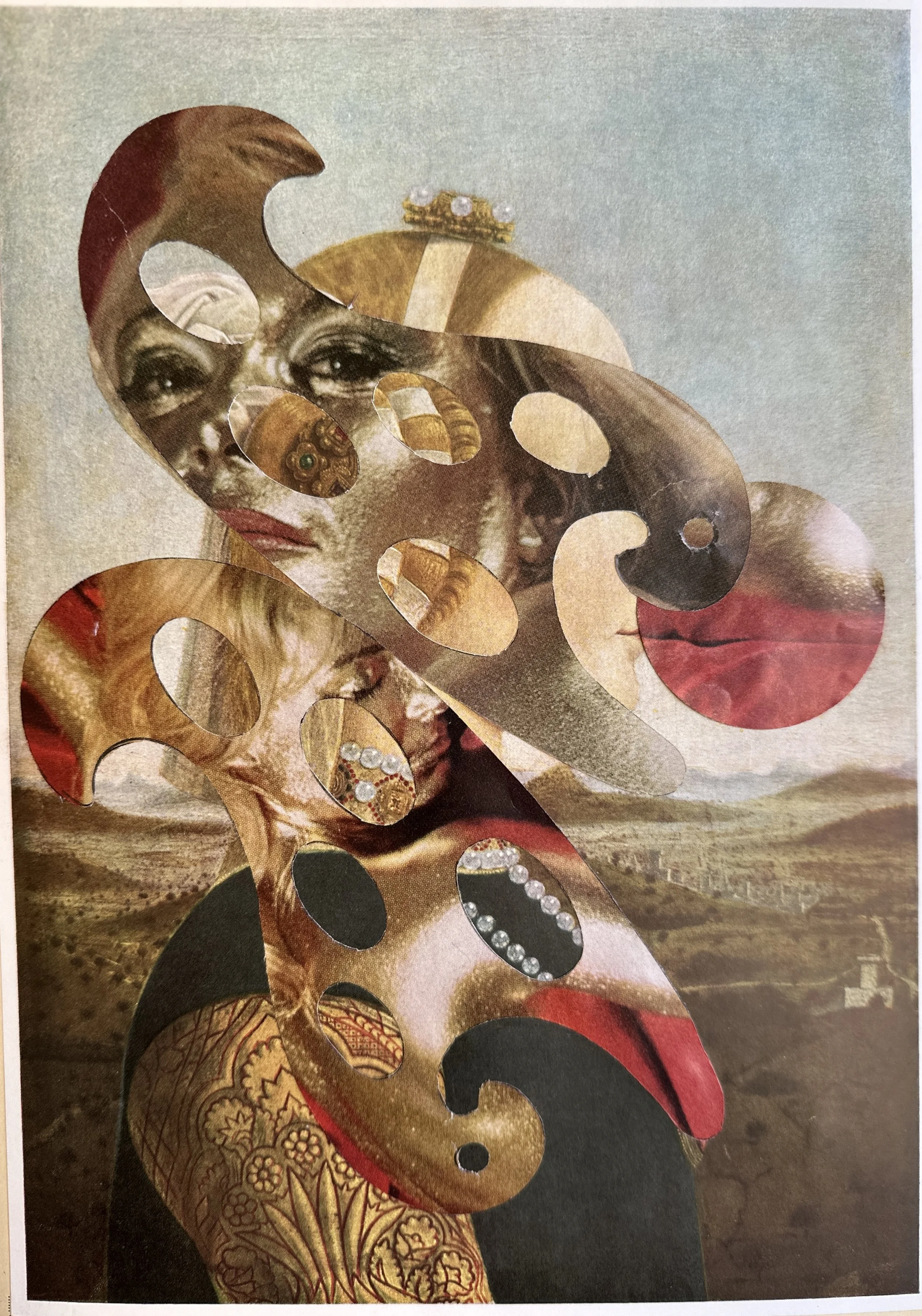  Witnessing (Battista Sforza x Goldfinger) , 9 x 12, Handcut vintage papers on museum catalogue page, 2025. 