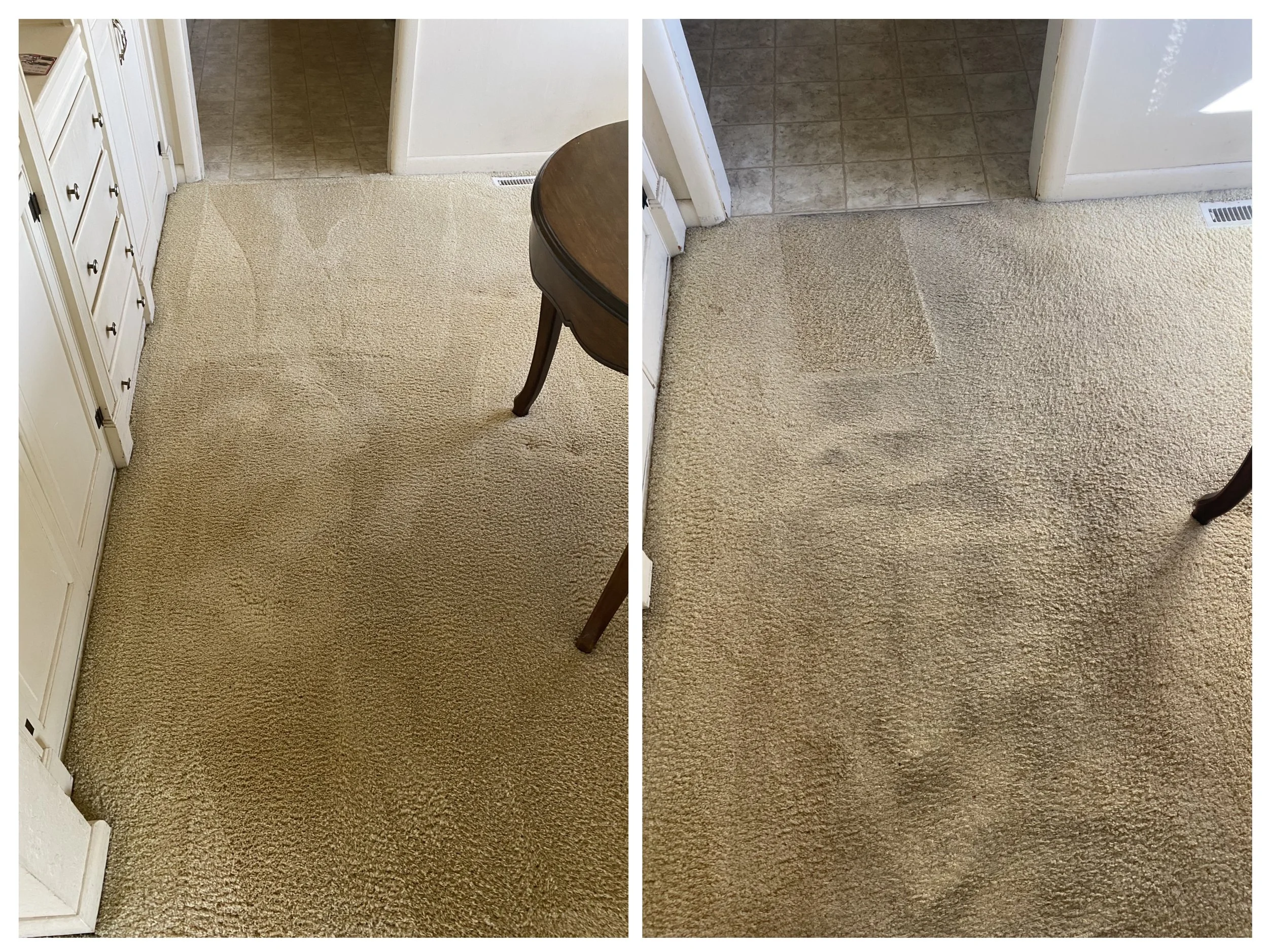 Comparison of a beige carpet before and after cleaning, with visible dirt and stains on the cleaned section.