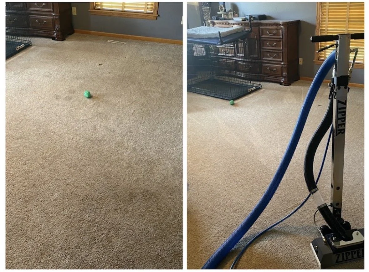 Side-by-side comparison of a beige carpeted room before and after cleaning. The left side shows a dirty carpet with a small green ball in the center. The right side shows the same room after cleaning, with the carpet looking brighter and cleaner, a b