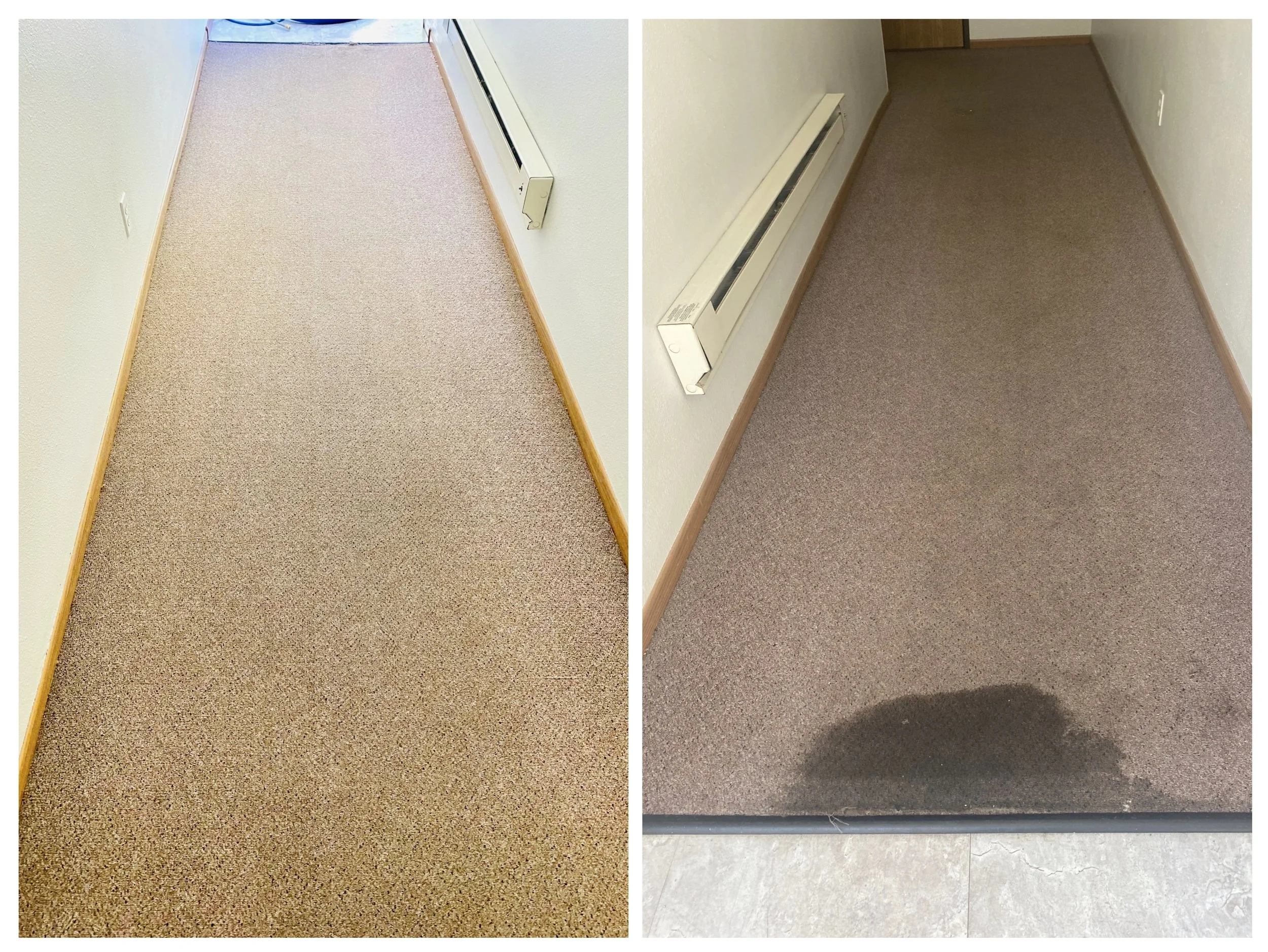 Comparison of two hallway carpets, with the left carpet showing a lighter, beige color, and the right carpet displaying a darker, brownish hue.