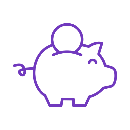 Purple outline of a piggy bank with a coin on top and a happy expression.