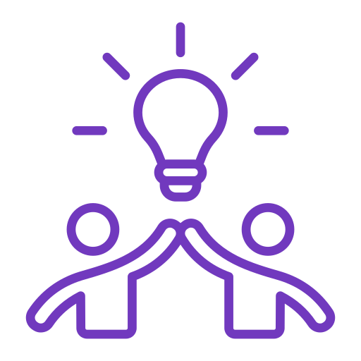 Icon of two people connected with a lightbulb above their heads, representing collaboration and ideas.