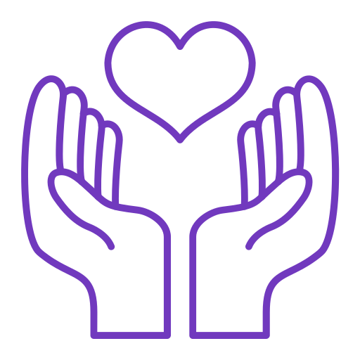 Two open hands with a heart above them, outlined in purple.