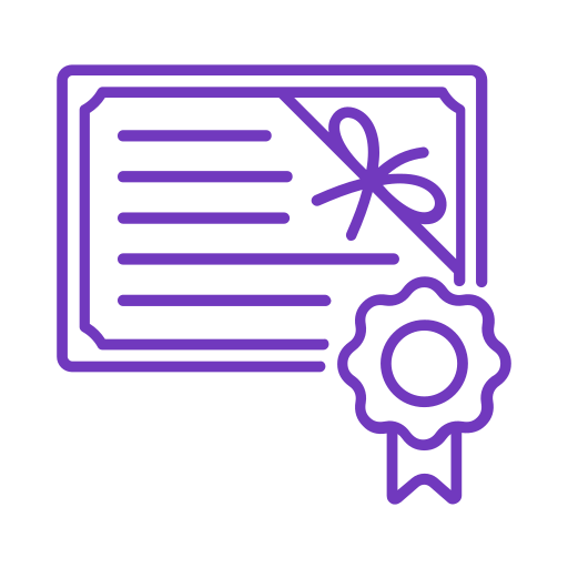 Illustration of a certificate with a ribbon and a seal in purple.