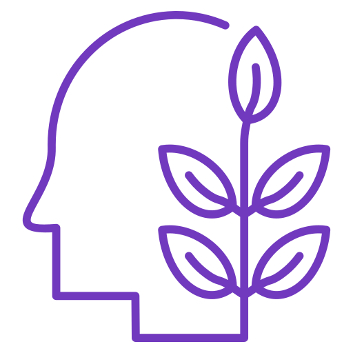 Illustration of a person holding a large heart with three smaller hearts around them, depicted in purple outline.