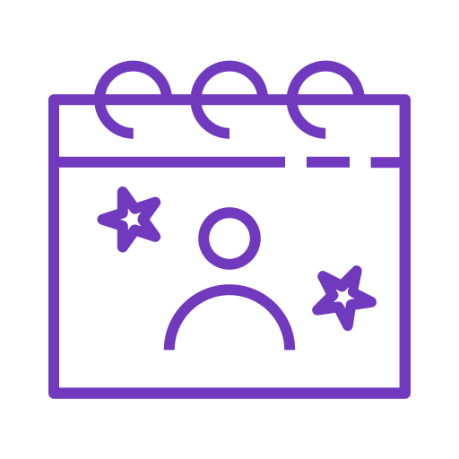 Simple purple icon of a calendar with a person and two stars.
