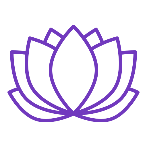 Line drawing of a stylized purple lotus flower on a black background.