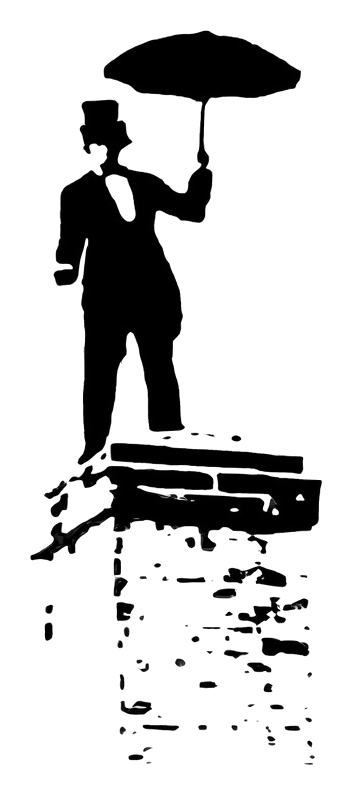 Silhouette of a person in a top hat and suit holding an umbrella, standing on a chimney