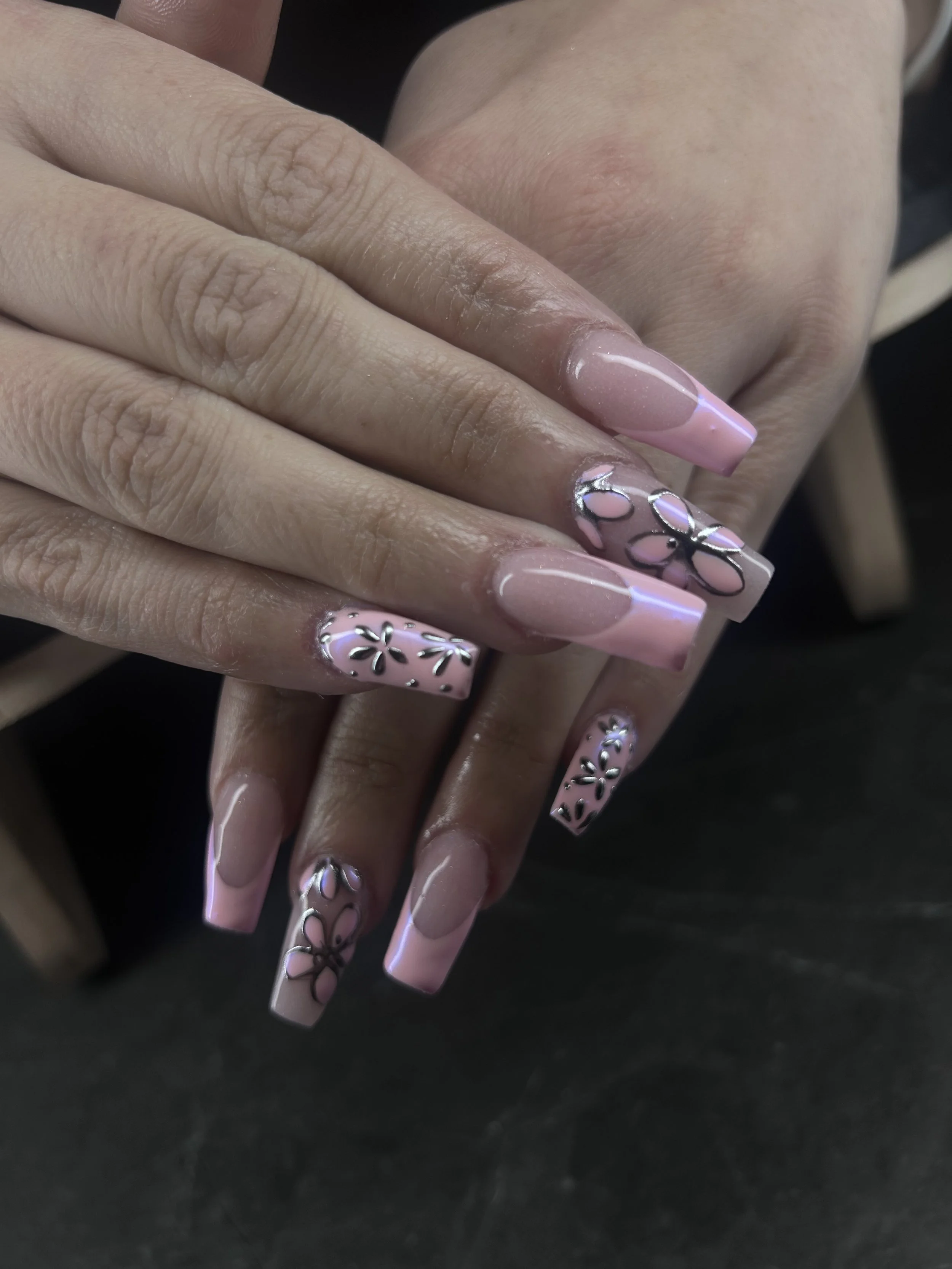 Pink french tips with silver chrome flowers London Ontario