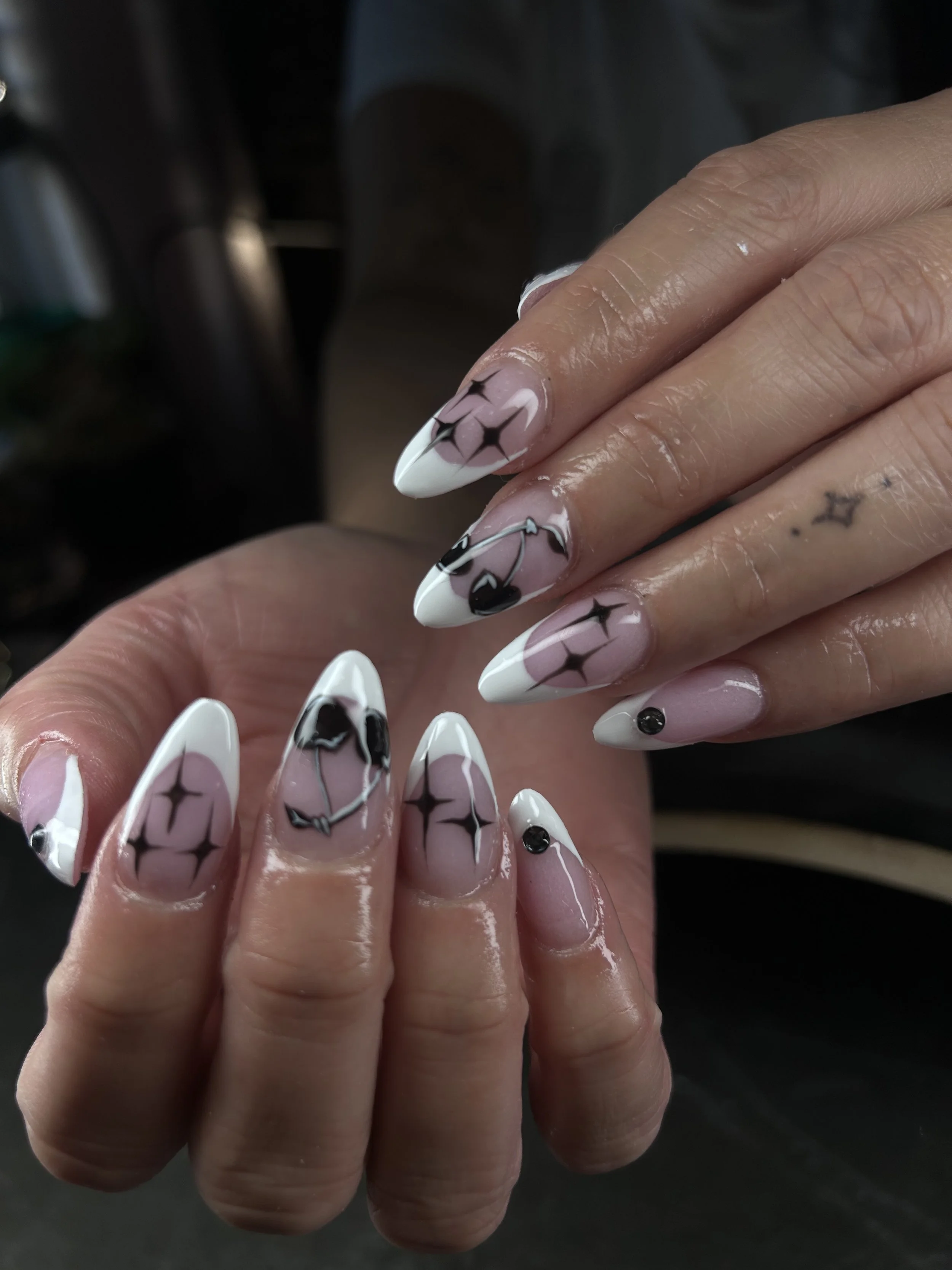 White french tips with back sketches of cherries and stars London Ontario