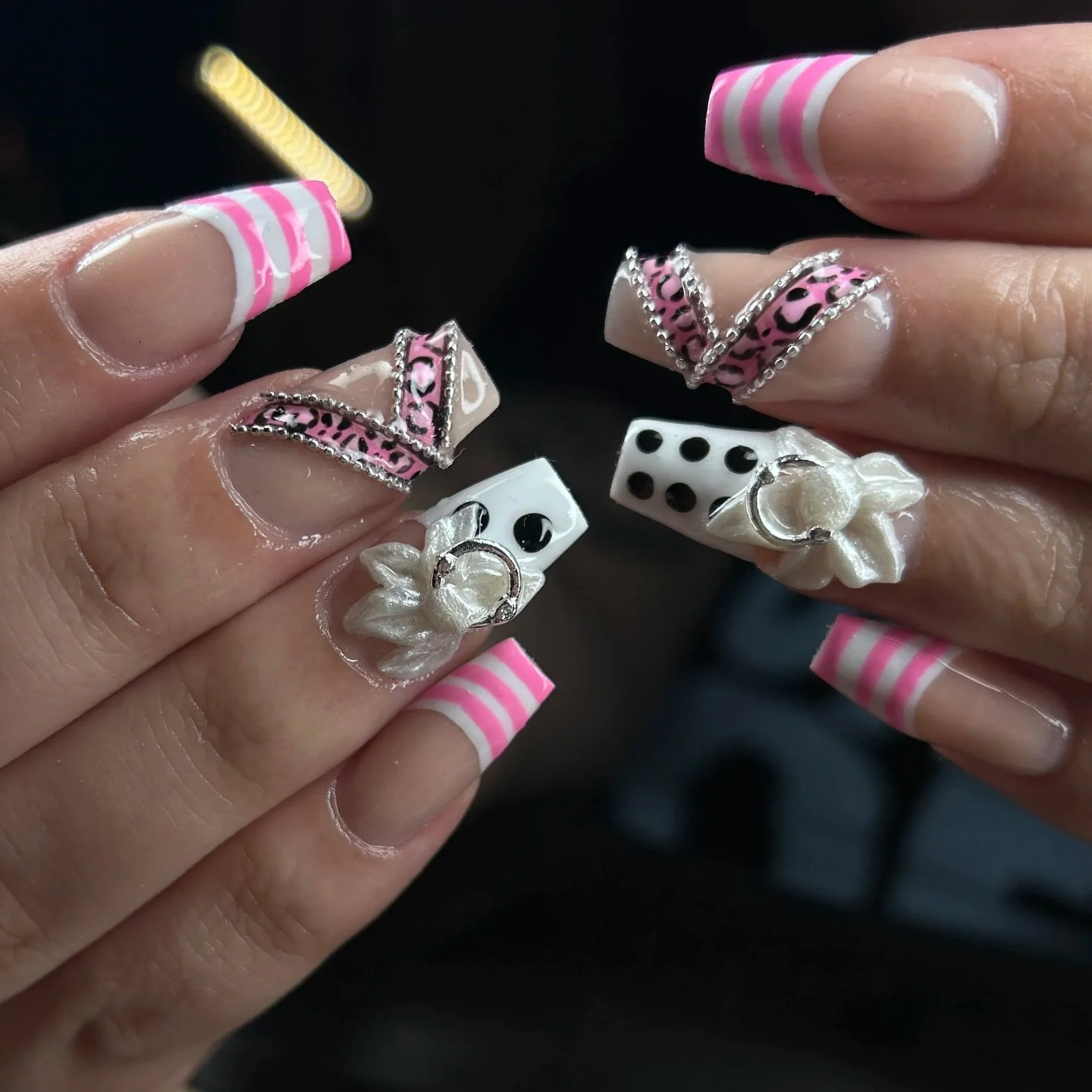 Pink Y2K nails with stripes London Ontario