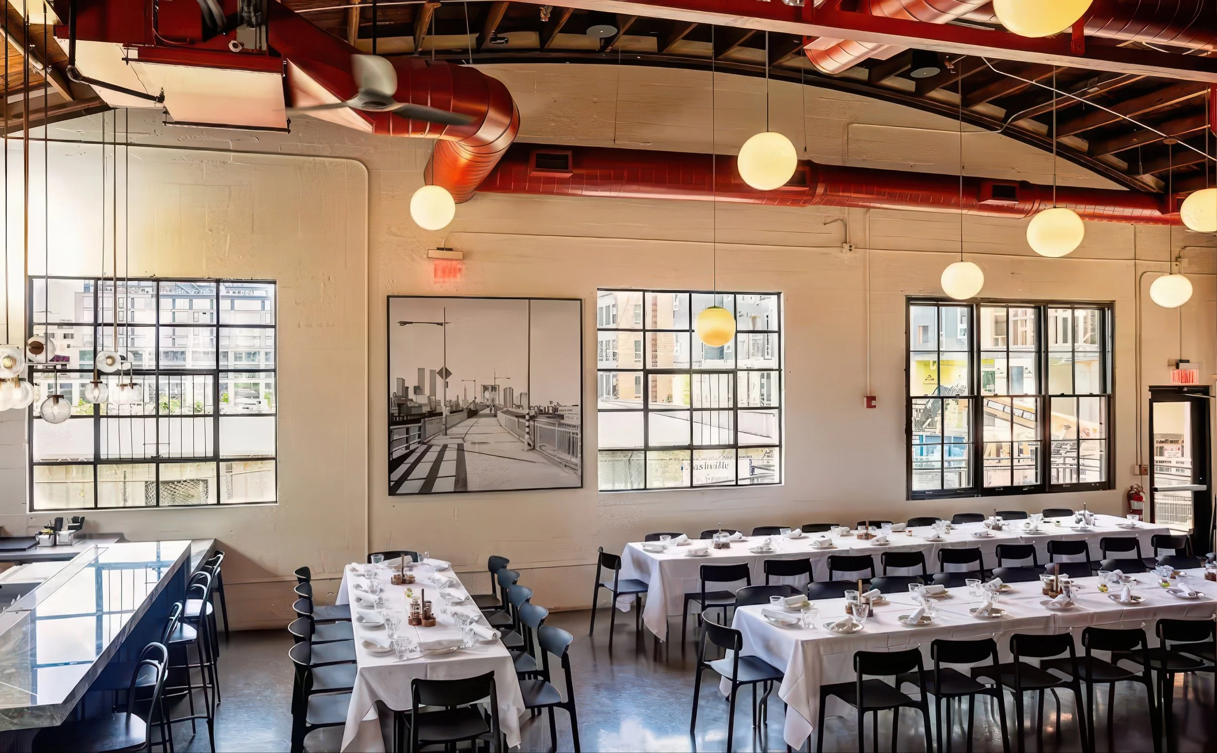 Interior of a modern restaurant with large windows, round hanging lights, and tables set with white tablecloths and silverware, arranged along the length of the room.