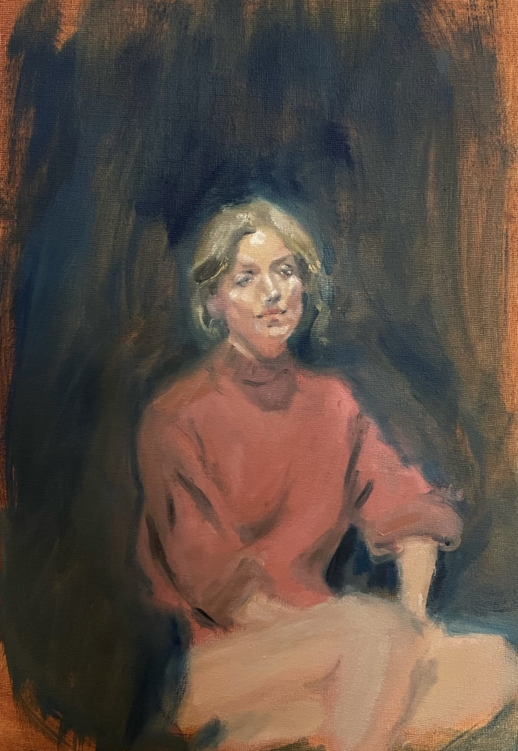 A portrait painting of a woman with short blonde hair, wearing a pinkish-orange top, sitting against a dark, abstract background.