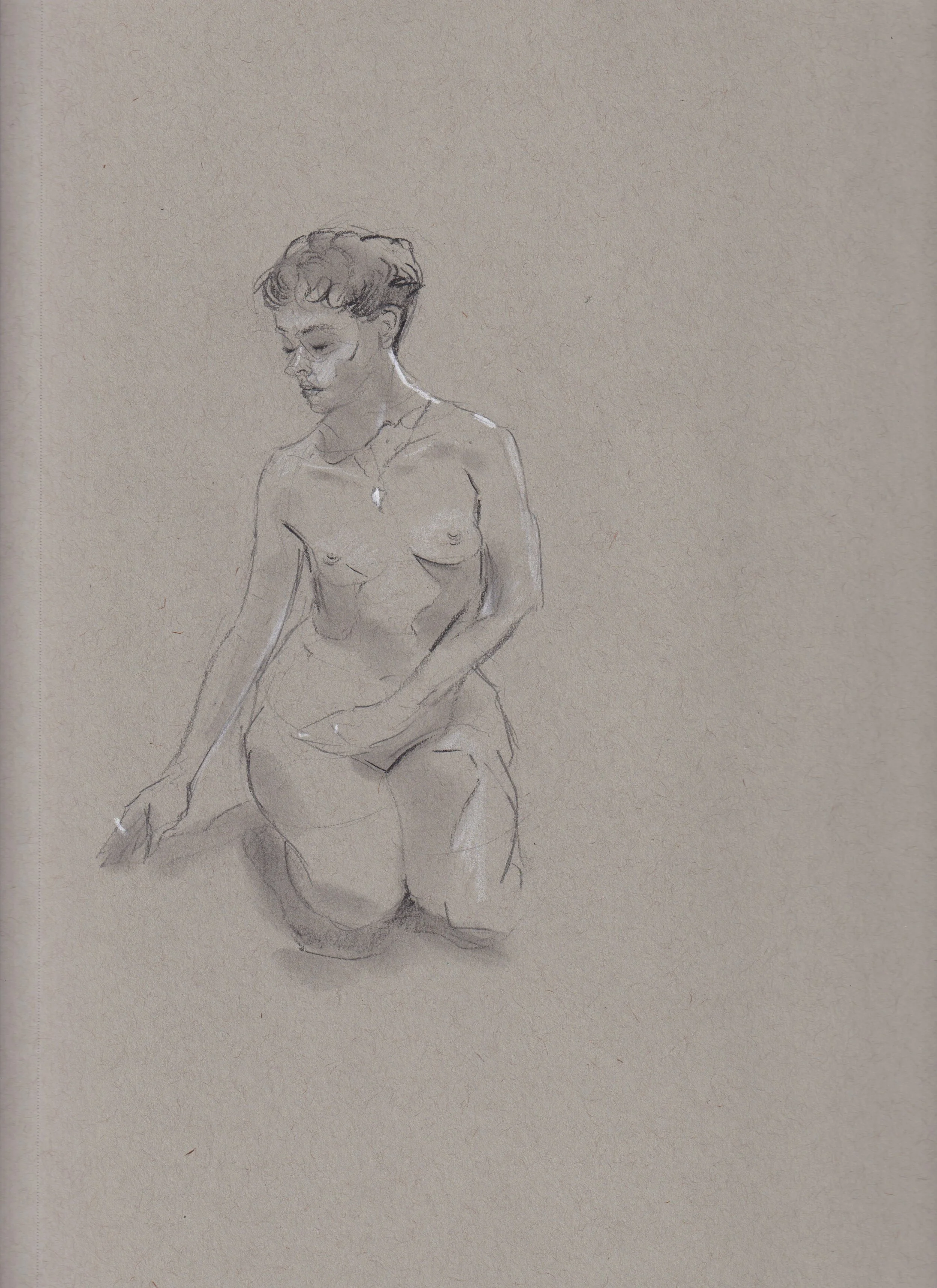 A sketch of a kneeling woman with short hair, wearing a necklace, on a textured beige background.