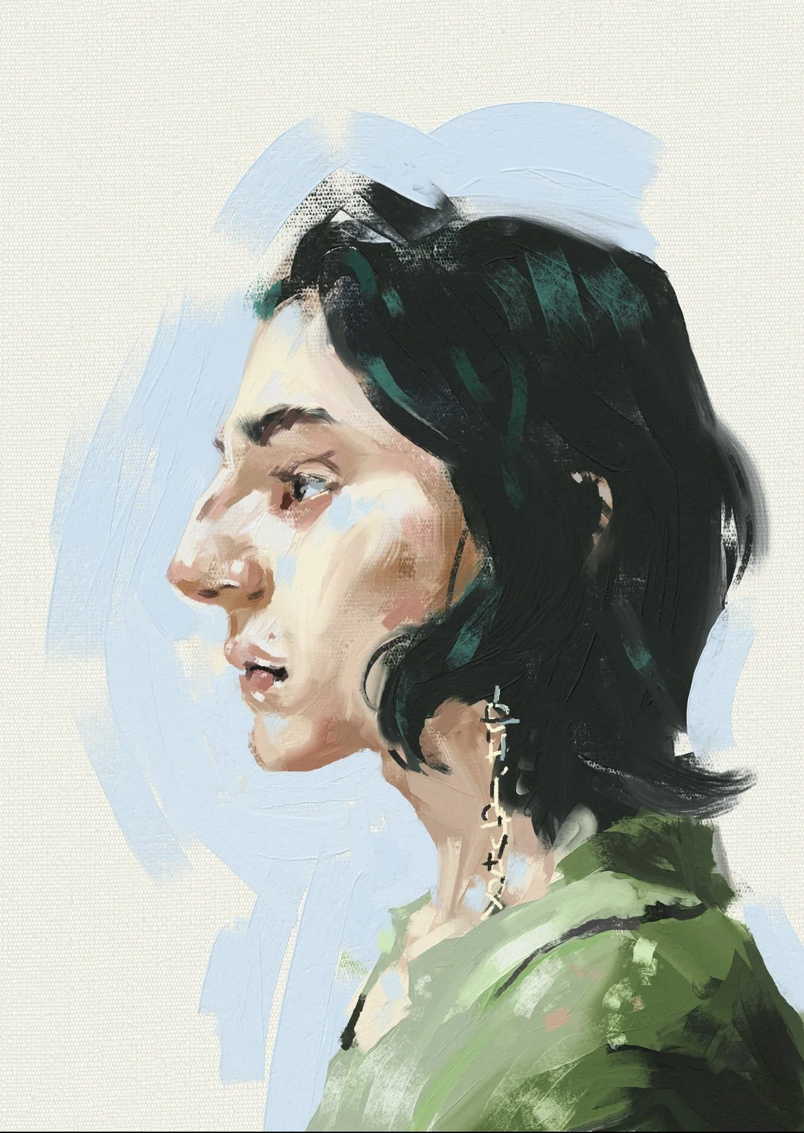 Digital painting of a woman with black hair, wearing a green top, and an earring with crosses, viewed in profile against a light background.