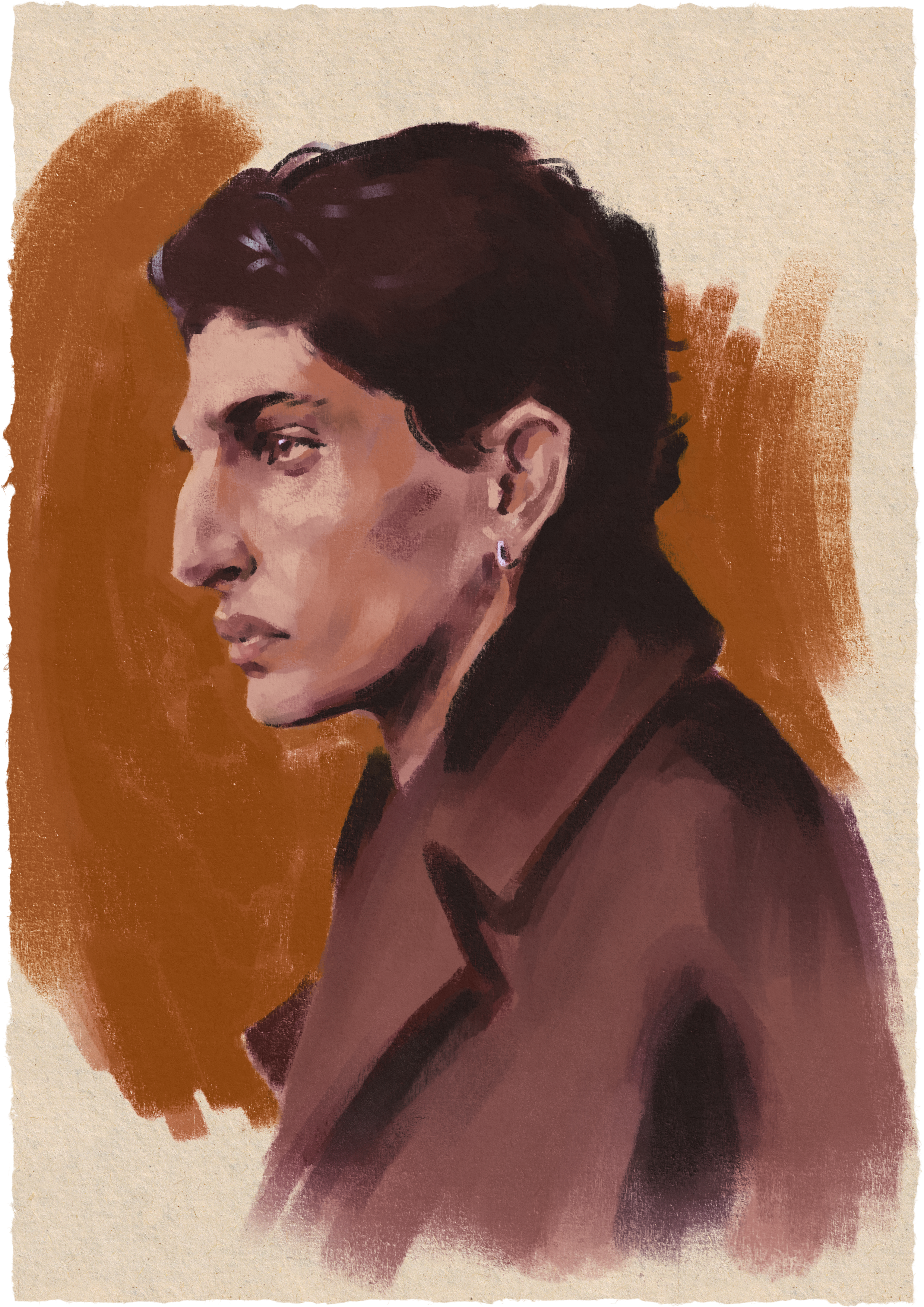 A digital painting of a person with short dark hair, wearing a collared jacket and earrings, orange background with textured beige edges.