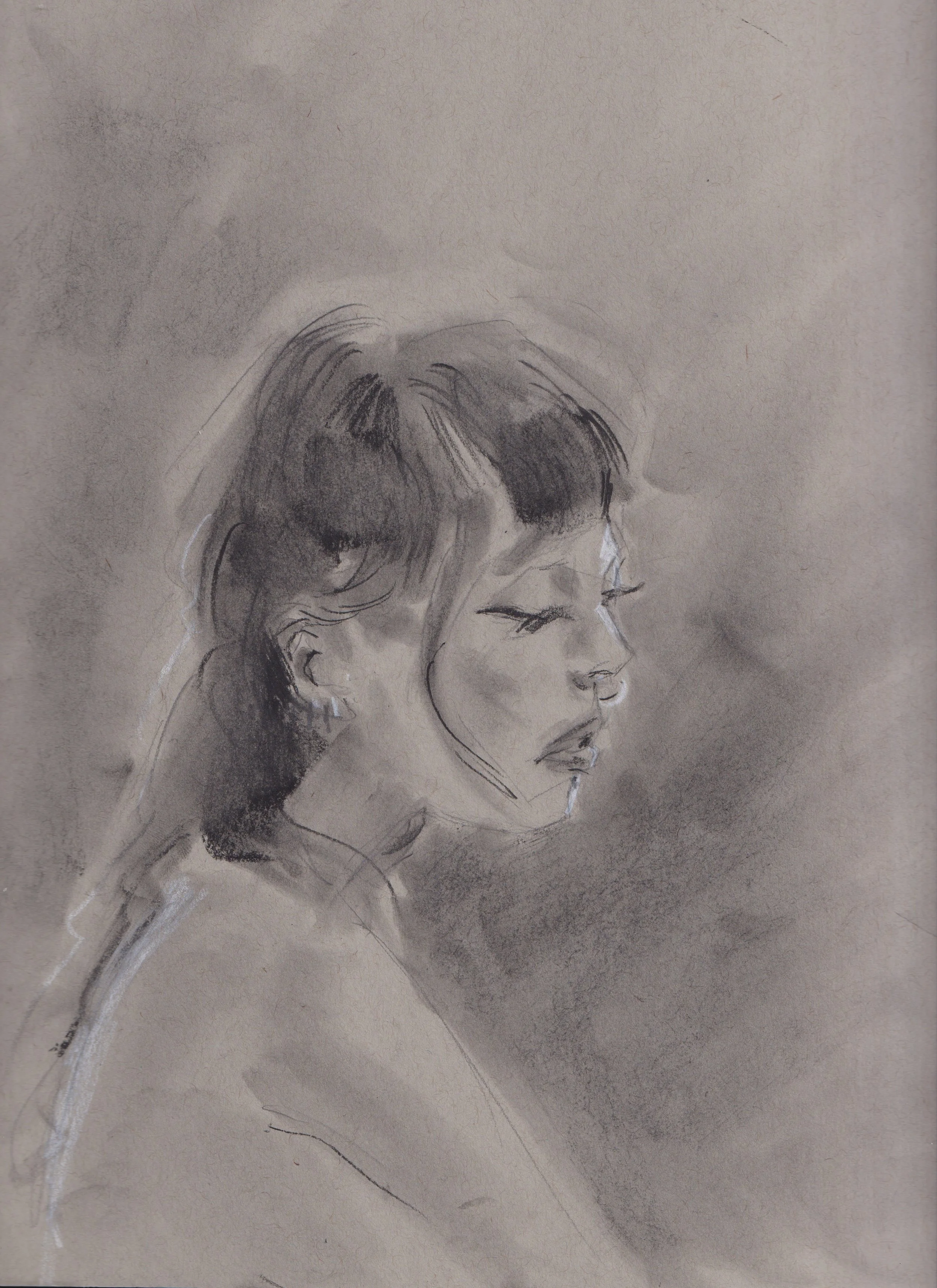 A charcoal sketch of a woman in profile with short hair, looking downward with a contemplative expression.