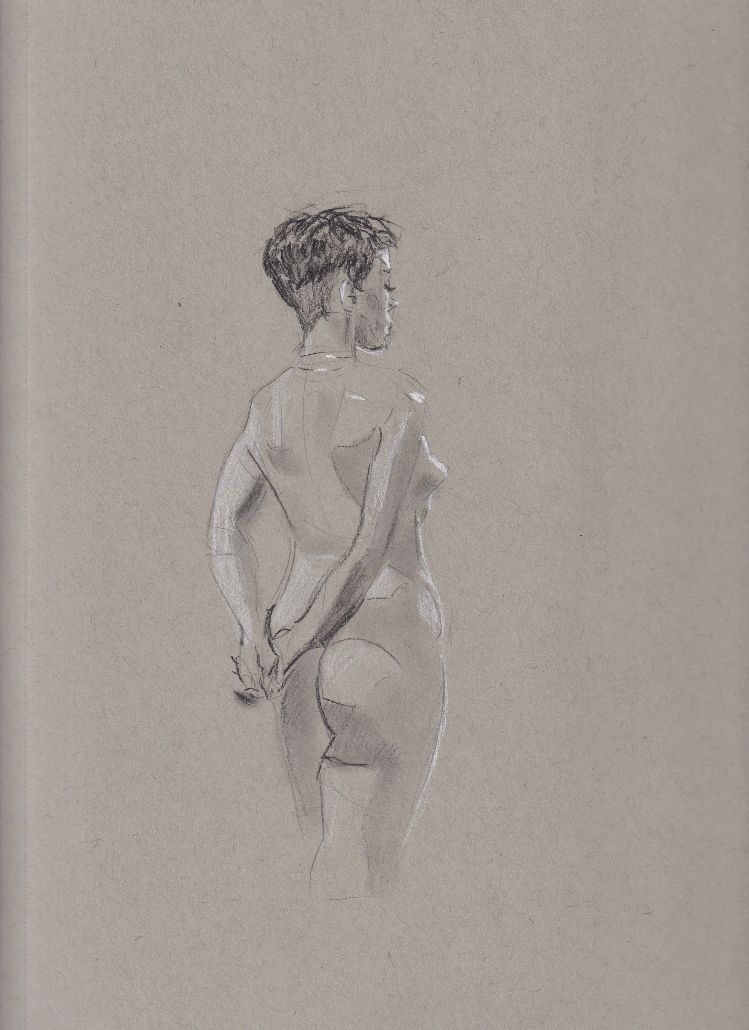 Sketch of a woman standing with her back turned, looking to the side, with short hair, on beige paper.