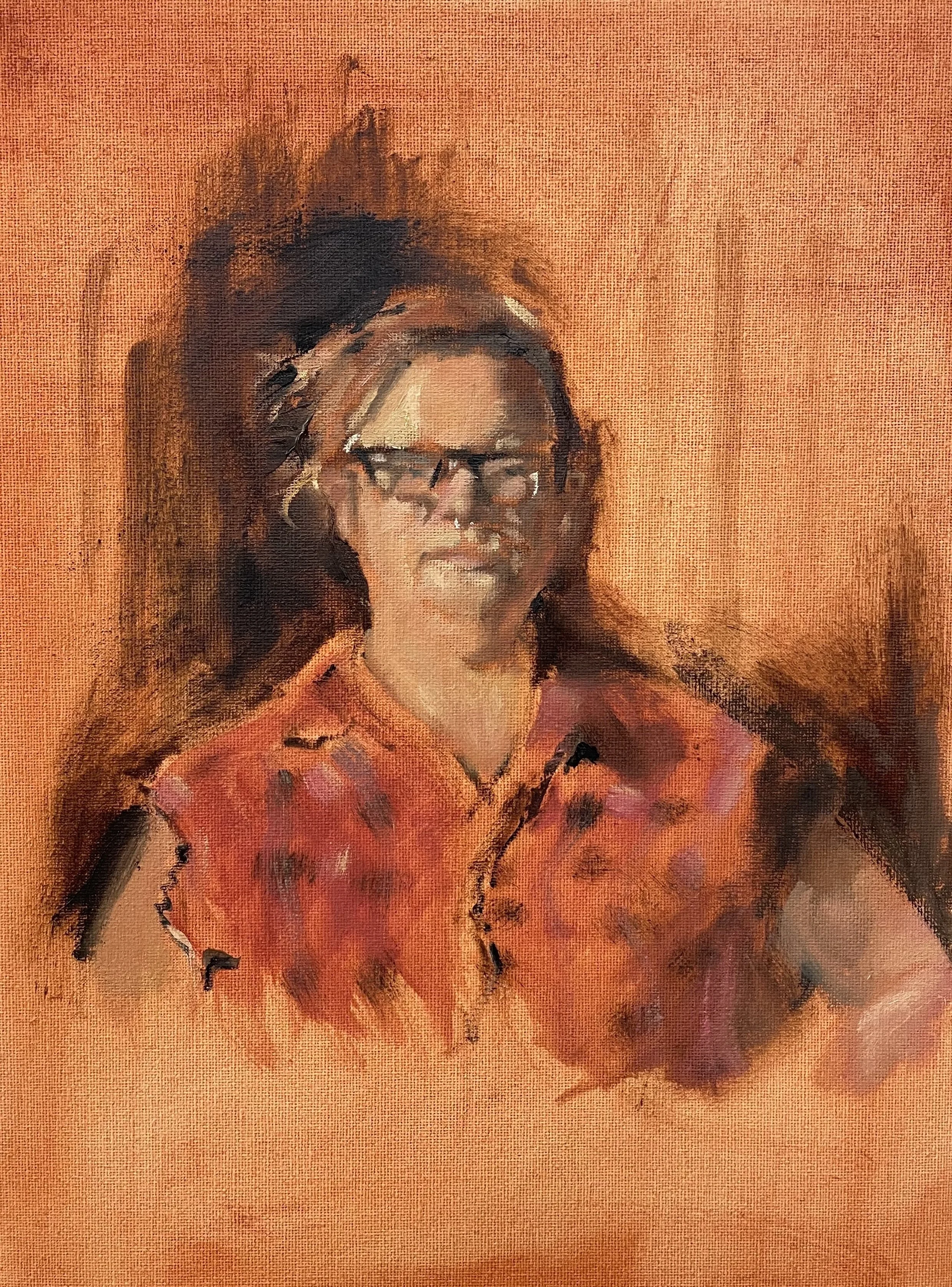 A portrait painting of a woman with long dark hair and glasses, wearing an orange top, against an orange background.