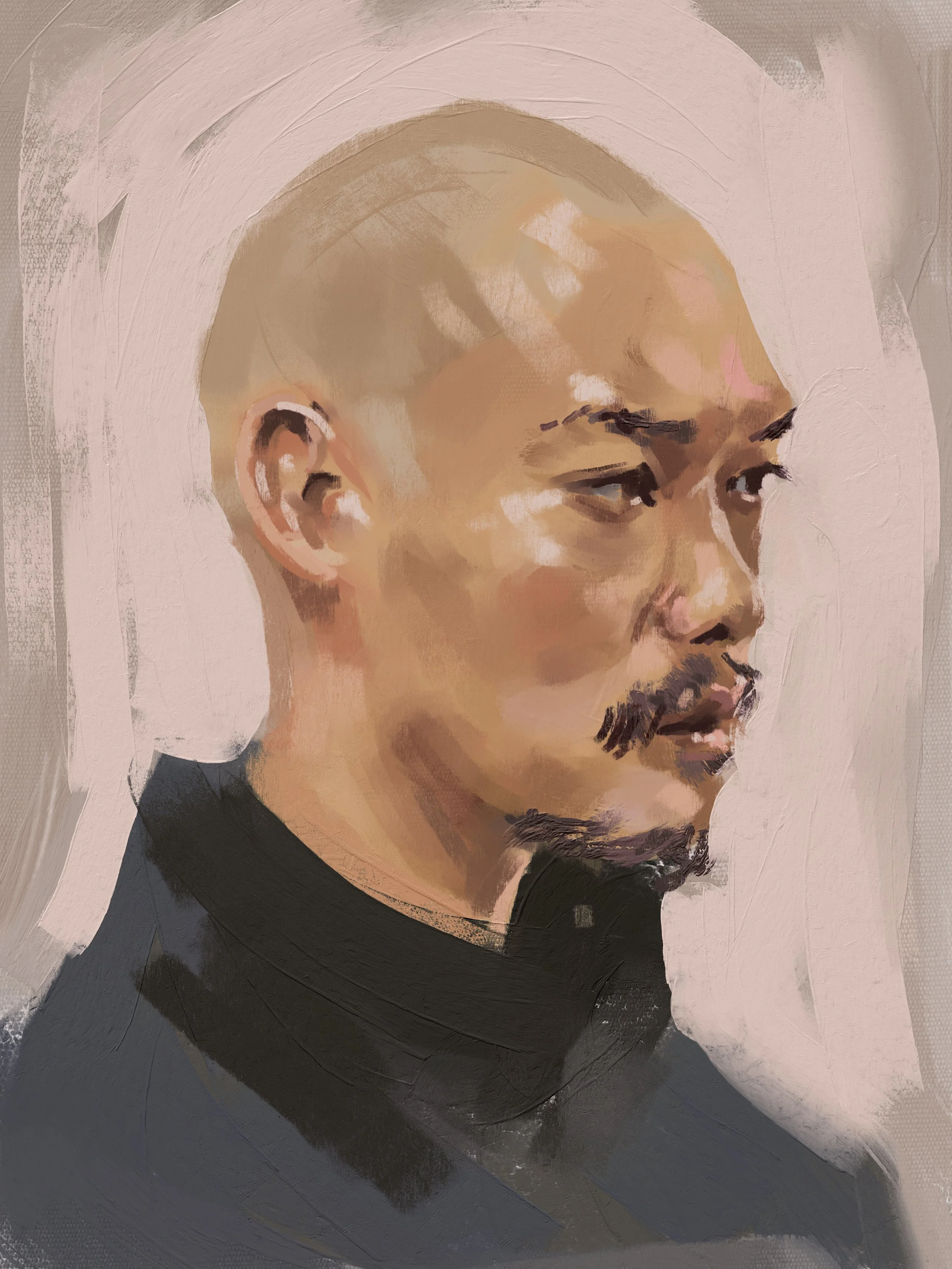 Digital painting of a man with a shaved head and goatee, wearing a black high-neck shirt, looking to the side.
